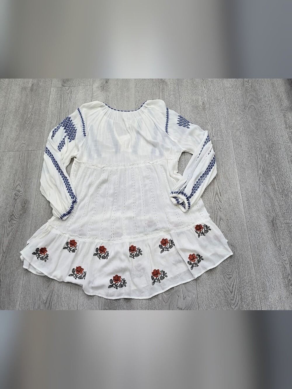 Free People Wild Horses Embroidered Mini Dress Medium White Blue Boho - Picture 12 of 15